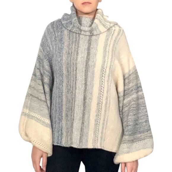 Fate Striped Cowl Neck Mohair Alpaca Knit Slouchy Sweater Sz Large Blue Cream - Picture 1 of 12